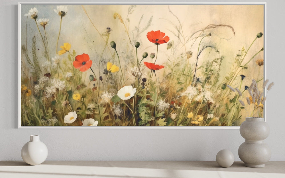 Yellow Boho Wildflowers Field Large Framed Canvas Wall Art