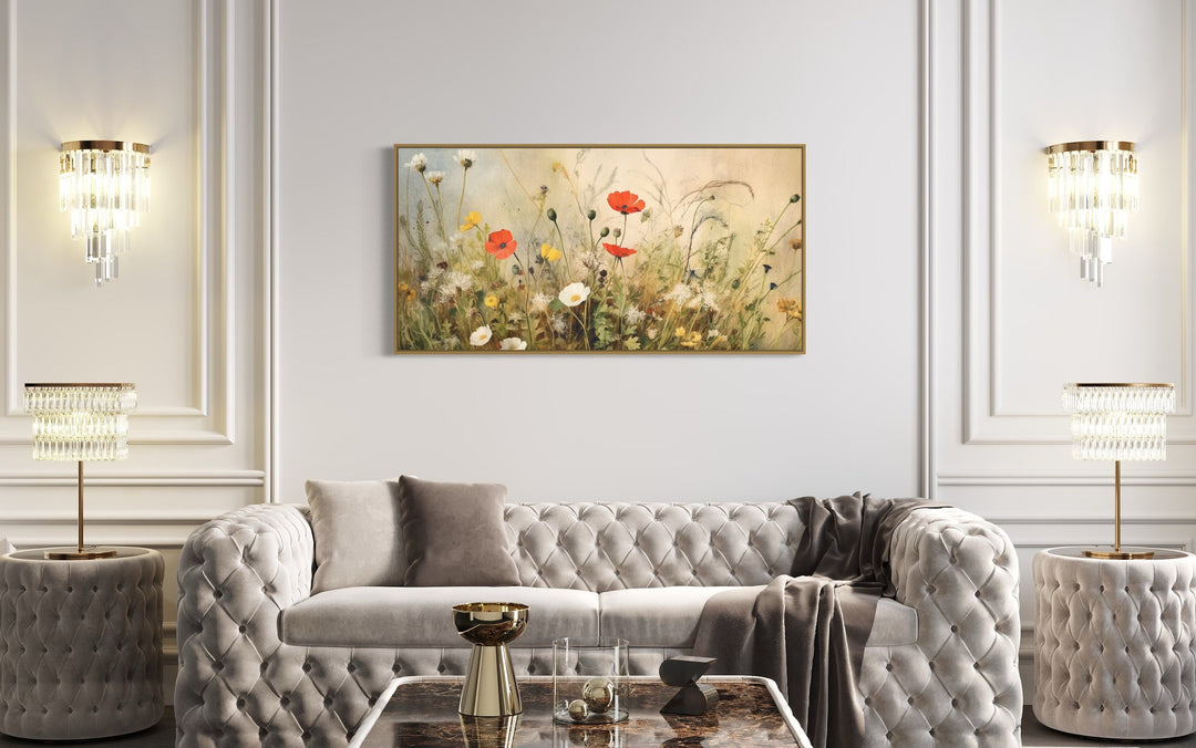 Yellow Boho Wildflowers Field Large Framed Canvas Wall Art