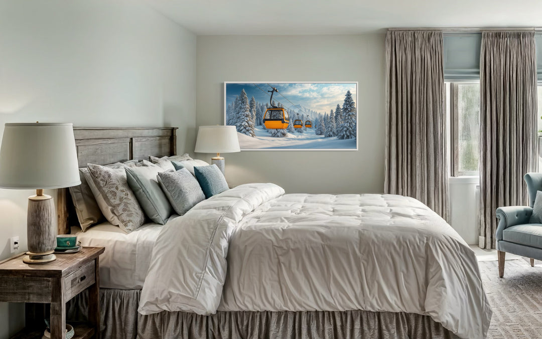 Yellow Chairlift In Ski Resort Framed Canvas Wall Art