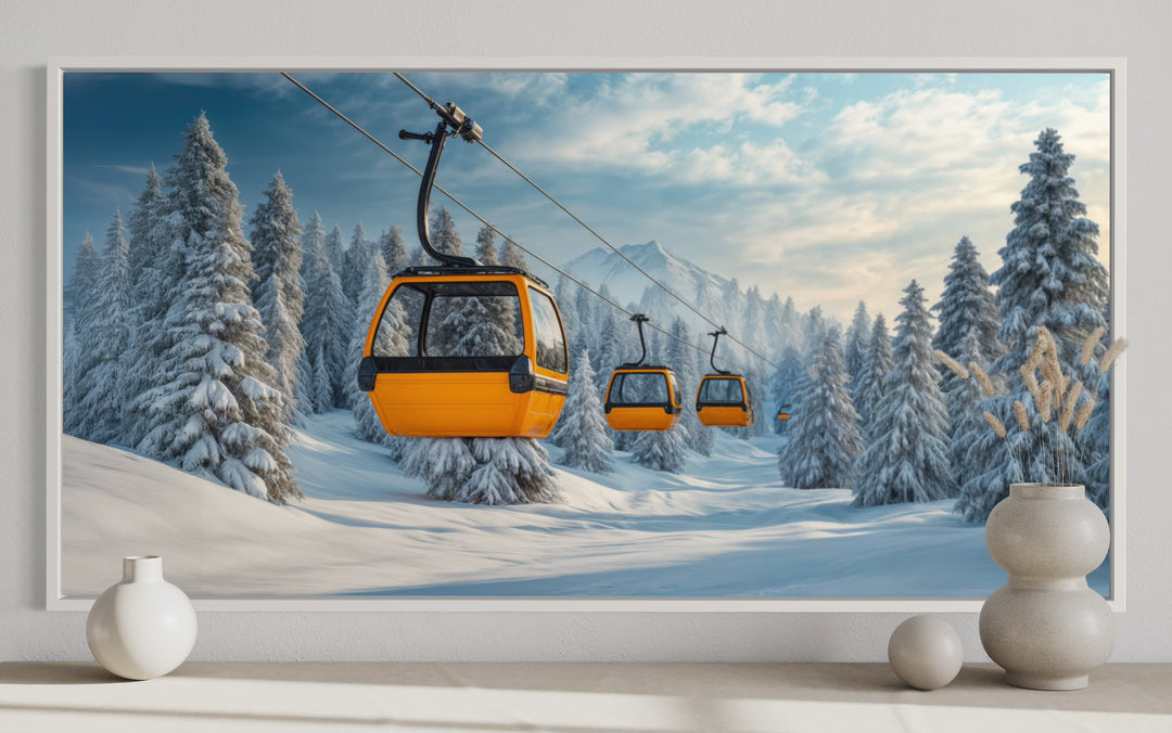 Yellow chairlift framed canvas wall art featuring a snowy mountain ski resort landscape.