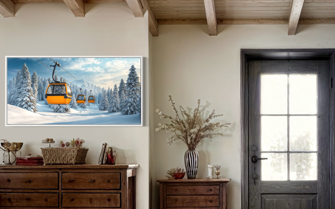 Yellow Chairlift In Ski Resort Framed Canvas Wall Art