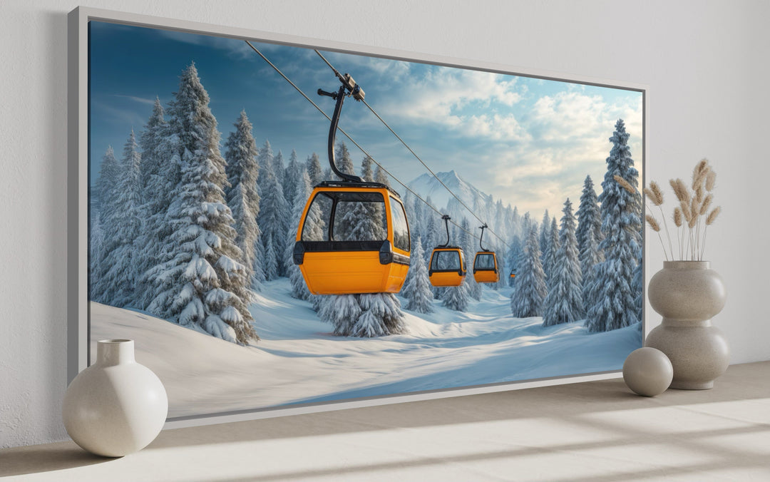 Yellow chairlift framed canvas wall art featuring a snowy mountain ski resort landscape.