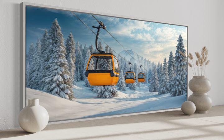 Yellow chairlift framed canvas wall art featuring a snowy mountain ski resort landscape.