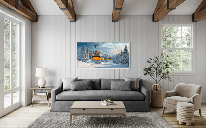 Yellow Chairlift In Ski Resort Framed Canvas Wall Art