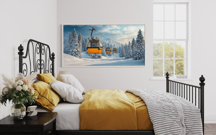 Yellow Chairlift In Ski Resort Framed Canvas Wall Art