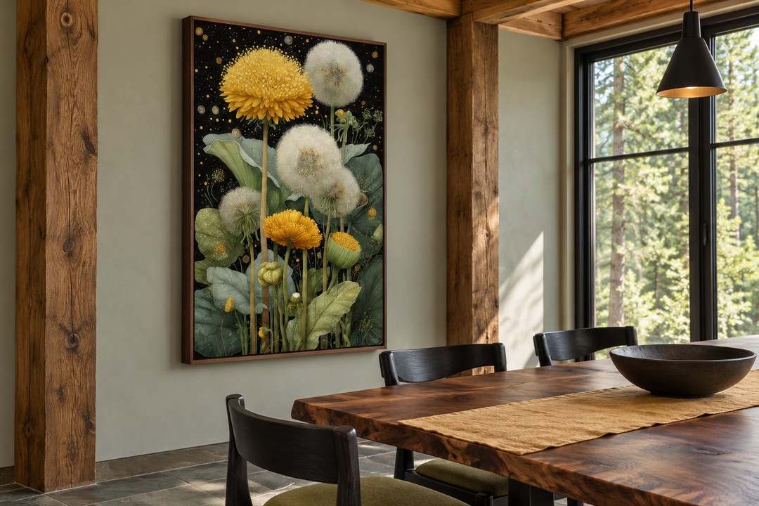 Yellow Dandelion On Black Background Botanical Canvas Wall Art in a wooden frame on a dining wall.