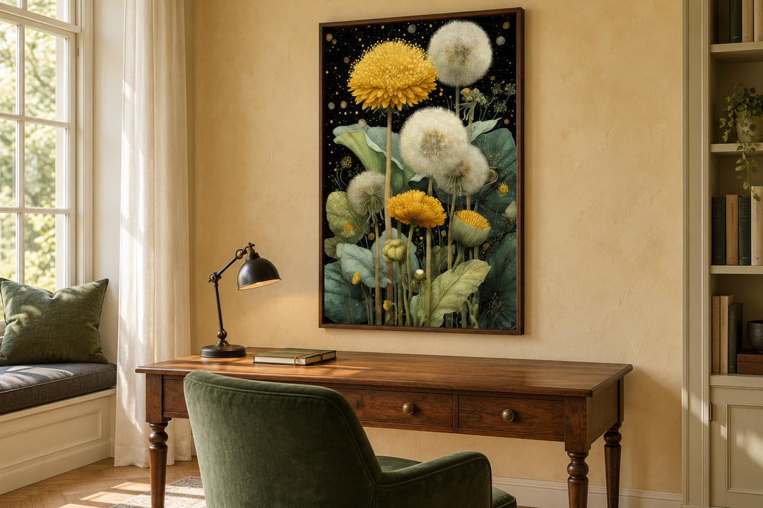 Yellow Dandelion On Black Background Botanical Canvas Wall Art in a walnut frame above a desk.