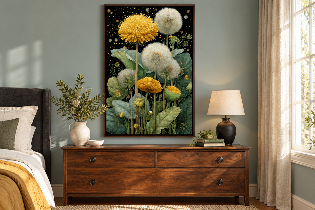 Yellow Dandelion On Black Background Botanical Canvas Wall Art in a walnut frame above a dresser.