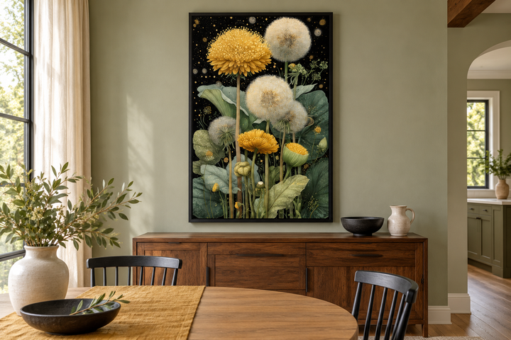 Vertical botanical canvas art of yellow dandelions on a black background in a dining room.
