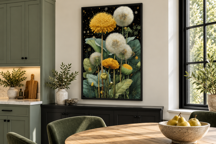 Yellow Dandelion On Black Background Botanical Canvas Wall Art in a black frame on a kitchen wall.