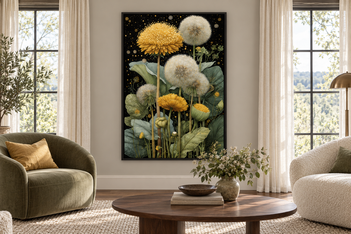 Yellow dandelion botanical canvas wall art in a black frame hanging in a modern living room.