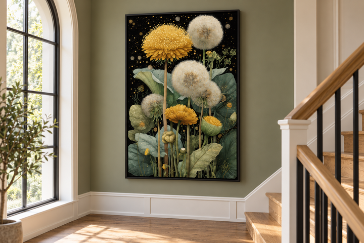 Vertical botanical canvas art of yellow and white dandelions on a black background in a room.
