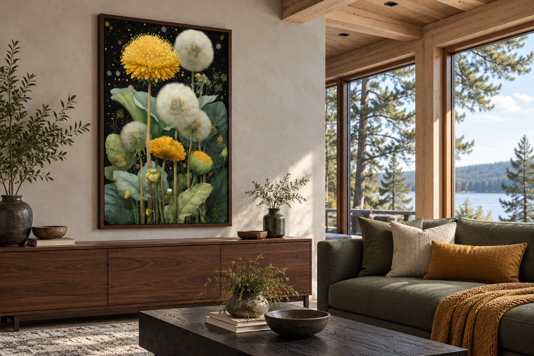 Yellow Dandelion On Black Background Botanical Canvas Wall Art in a walnut frame on a neutral wall.