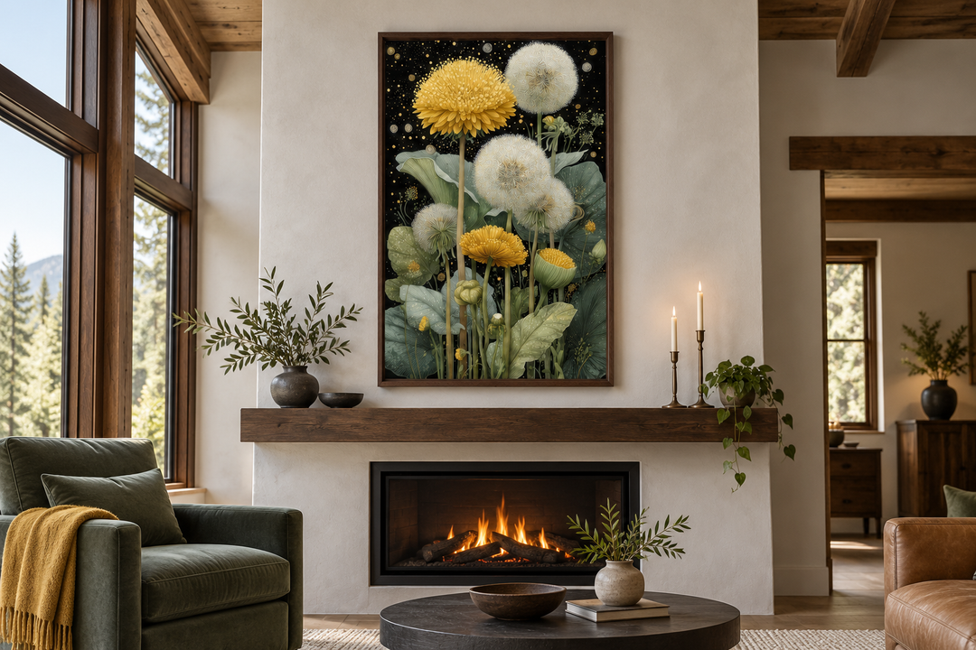 Yellow Dandelion On Black Background Botanical Canvas Wall Art in a modern living room.