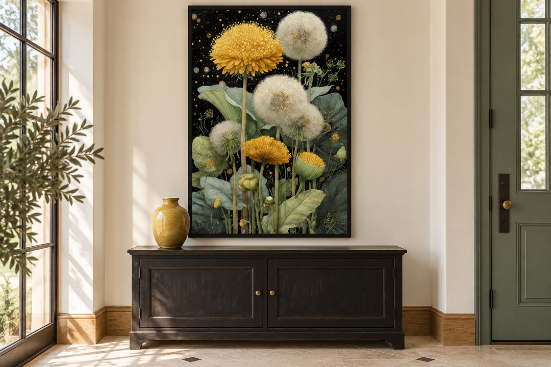 Yellow Dandelion On Black Background Botanical Canvas Wall Art in a black frame above a sideboard.