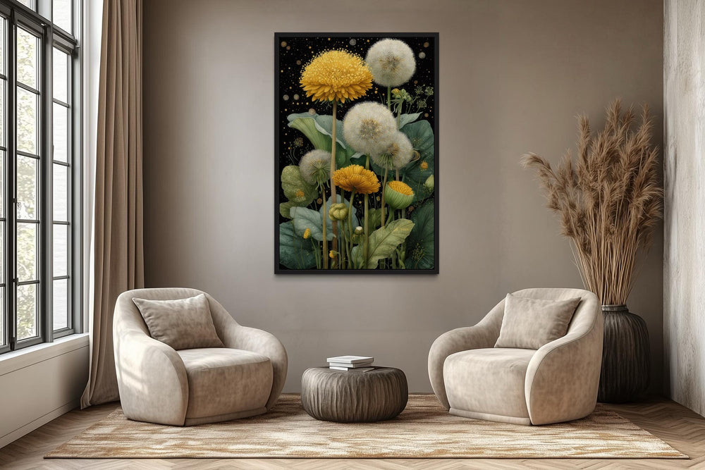 Yellow Dandelion On Black Background Botanical Canvas Wall Art