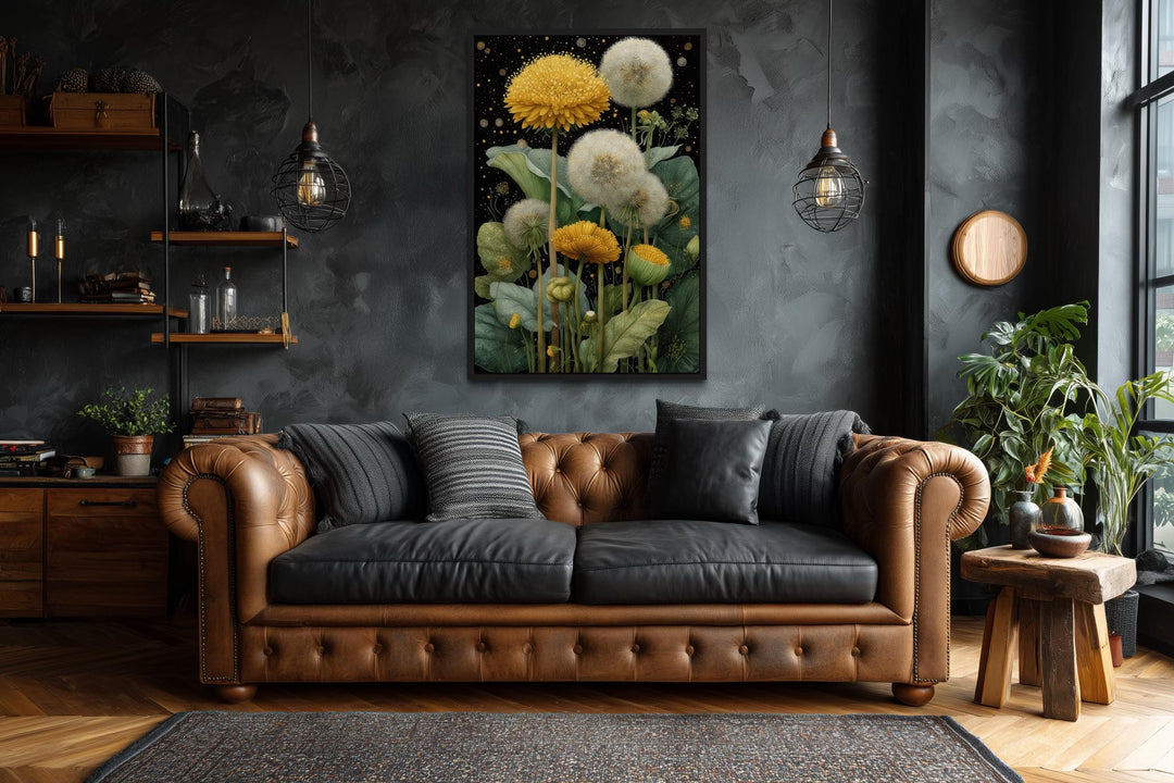 Yellow Dandelion On Black Background Botanical Canvas Wall Art
