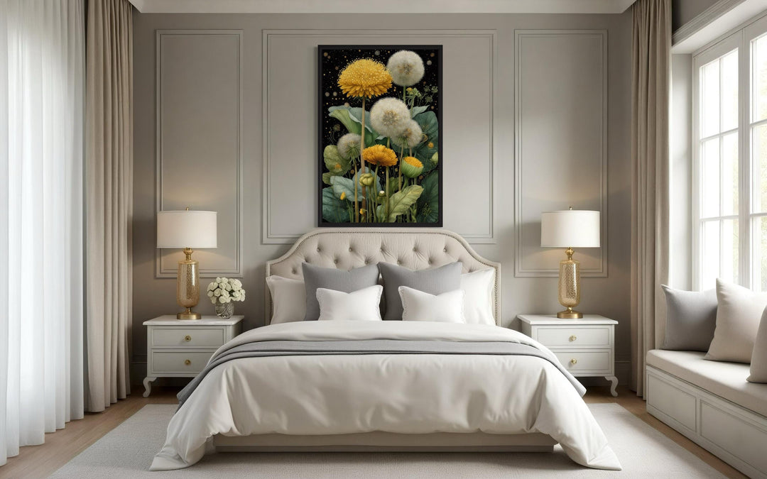Yellow Dandelion On Black Background Botanical Canvas Wall Art
