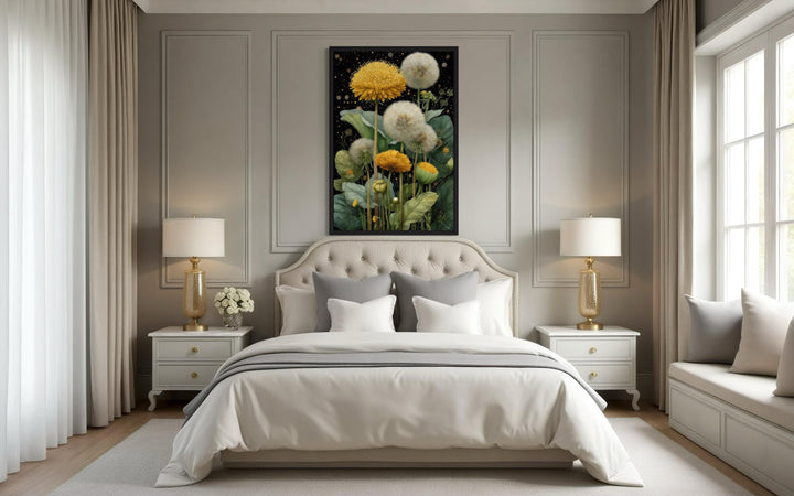 Yellow Dandelion On Black Background Botanical Canvas Wall Art