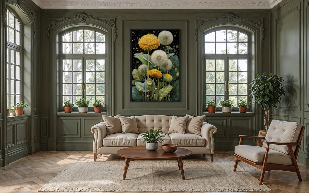 Yellow Dandelion On Black Background Botanical Canvas Wall Art