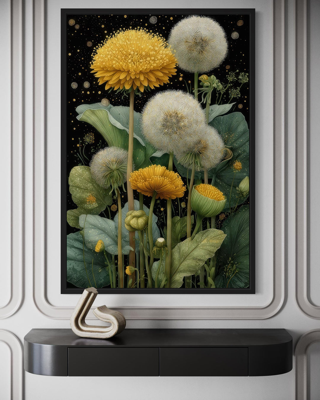 Yellow Dandelion On Black Background Botanical Canvas Wall Art