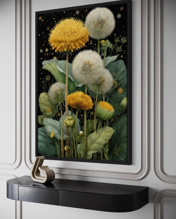 Yellow Dandelion On Black Background Botanical Canvas Wall Art
