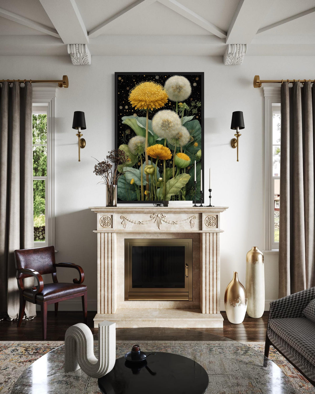 Yellow Dandelion On Black Background Botanical Canvas Wall Art