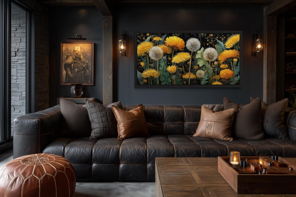 Yellow Dandelions On Dark Background Canvas Wall Art