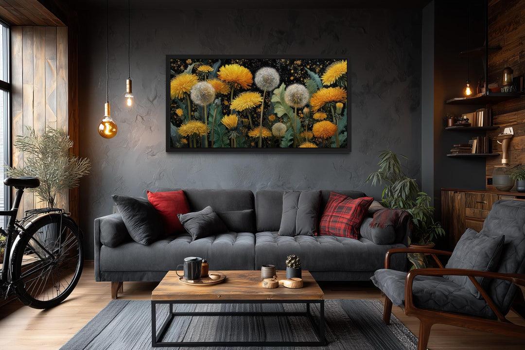 Yellow Dandelions On Dark Background Canvas Wall Art