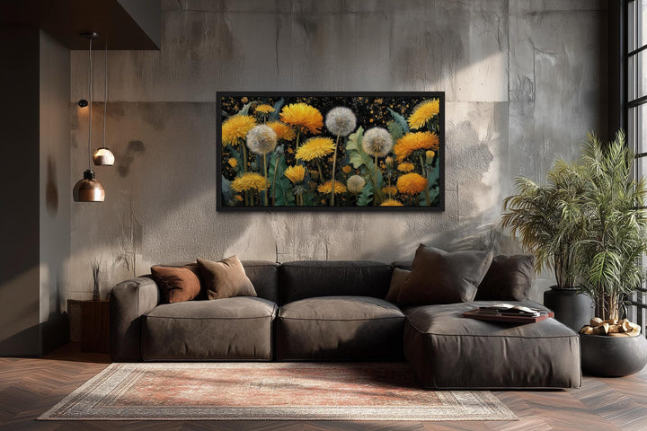 Yellow Dandelions On Dark Background Canvas Wall Art