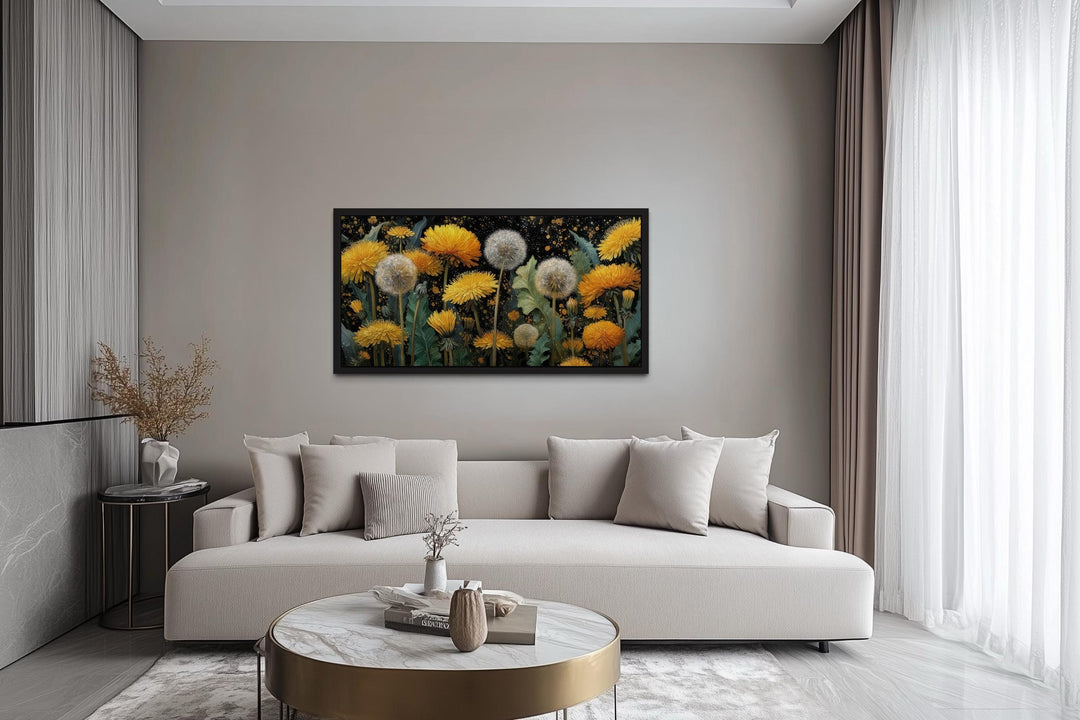 Yellow Dandelions On Dark Background Canvas Wall Art