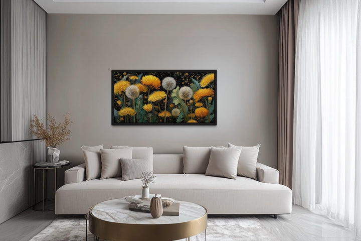 Yellow Dandelions On Dark Background Canvas Wall Art