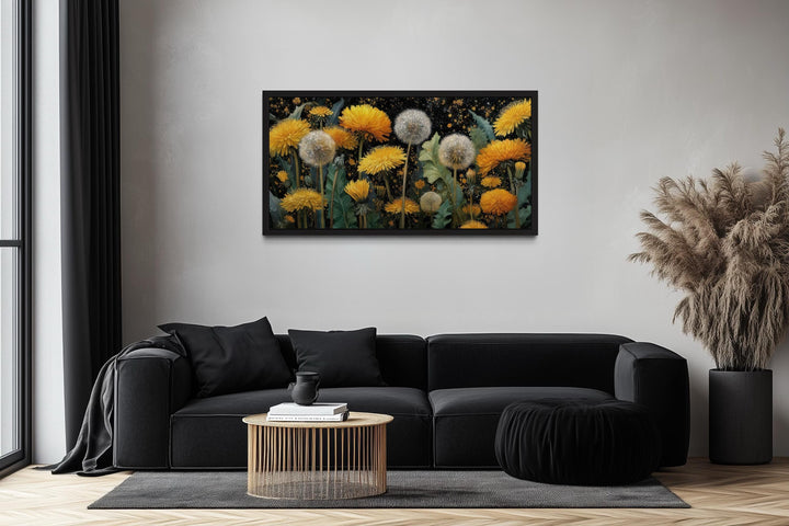 Yellow Dandelions On Dark Background Canvas Wall Art