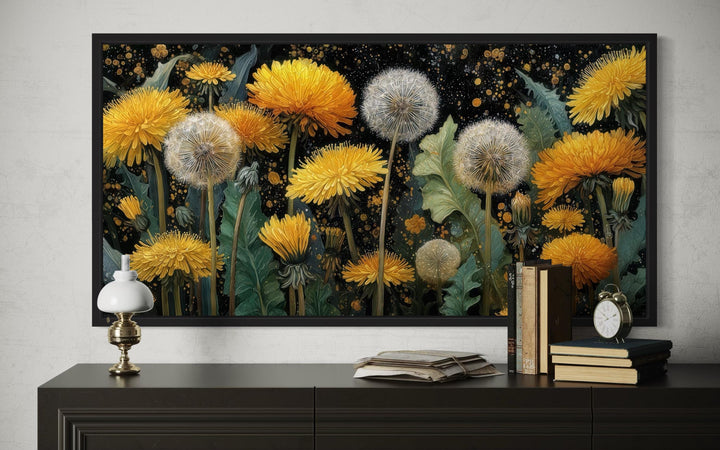 Yellow Dandelions On Dark Background Canvas Wall Art