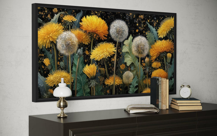 Yellow Dandelions On Dark Background Canvas Wall Art