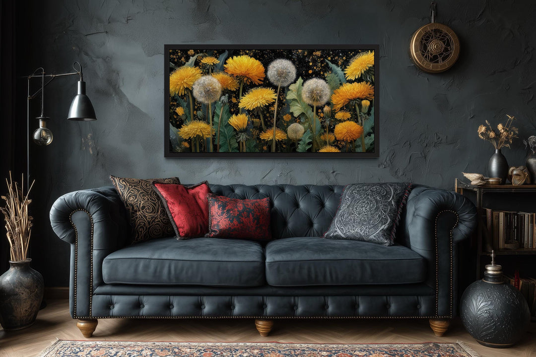 Yellow Dandelions On Dark Background Canvas Wall Art