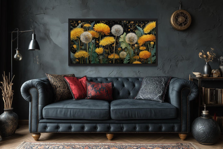 Yellow Dandelions On Dark Background Canvas Wall Art