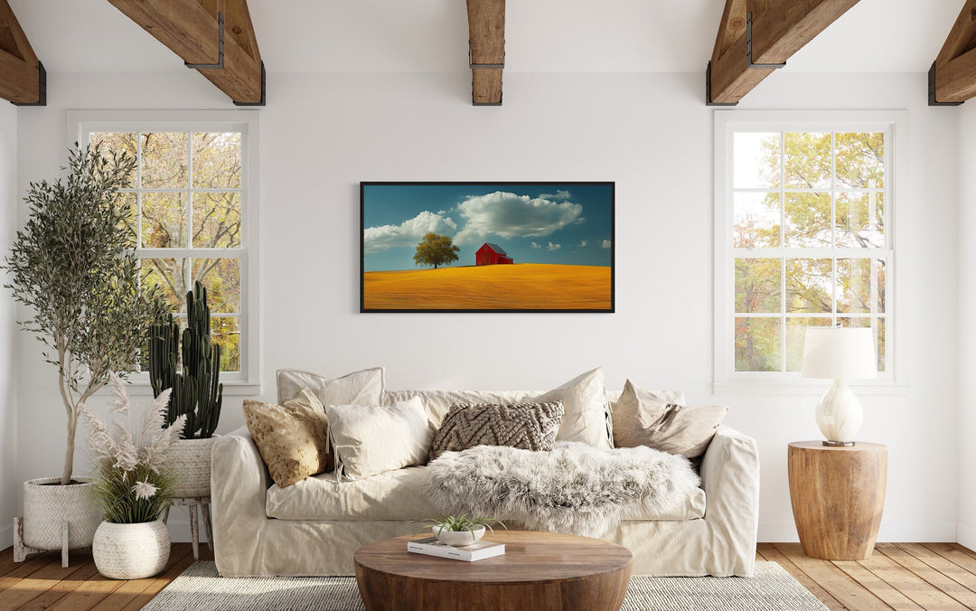 Yellow Field Red Barn Landscape Modern Farm Framed Canvas Wall Art above beige couch