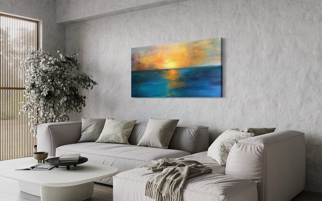 Yellow Gold Navy Abstract Ocean Sunset Living Room Framed Canvas Wall Art