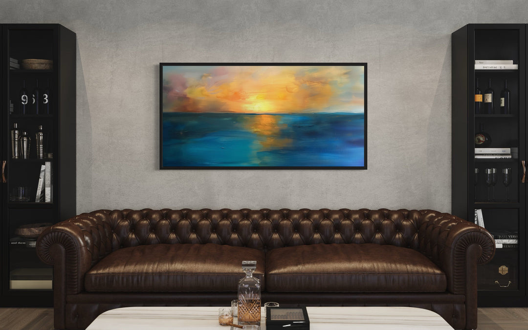 Yellow Gold Navy Abstract Ocean Sunset Living Room Framed Canvas Wall Art