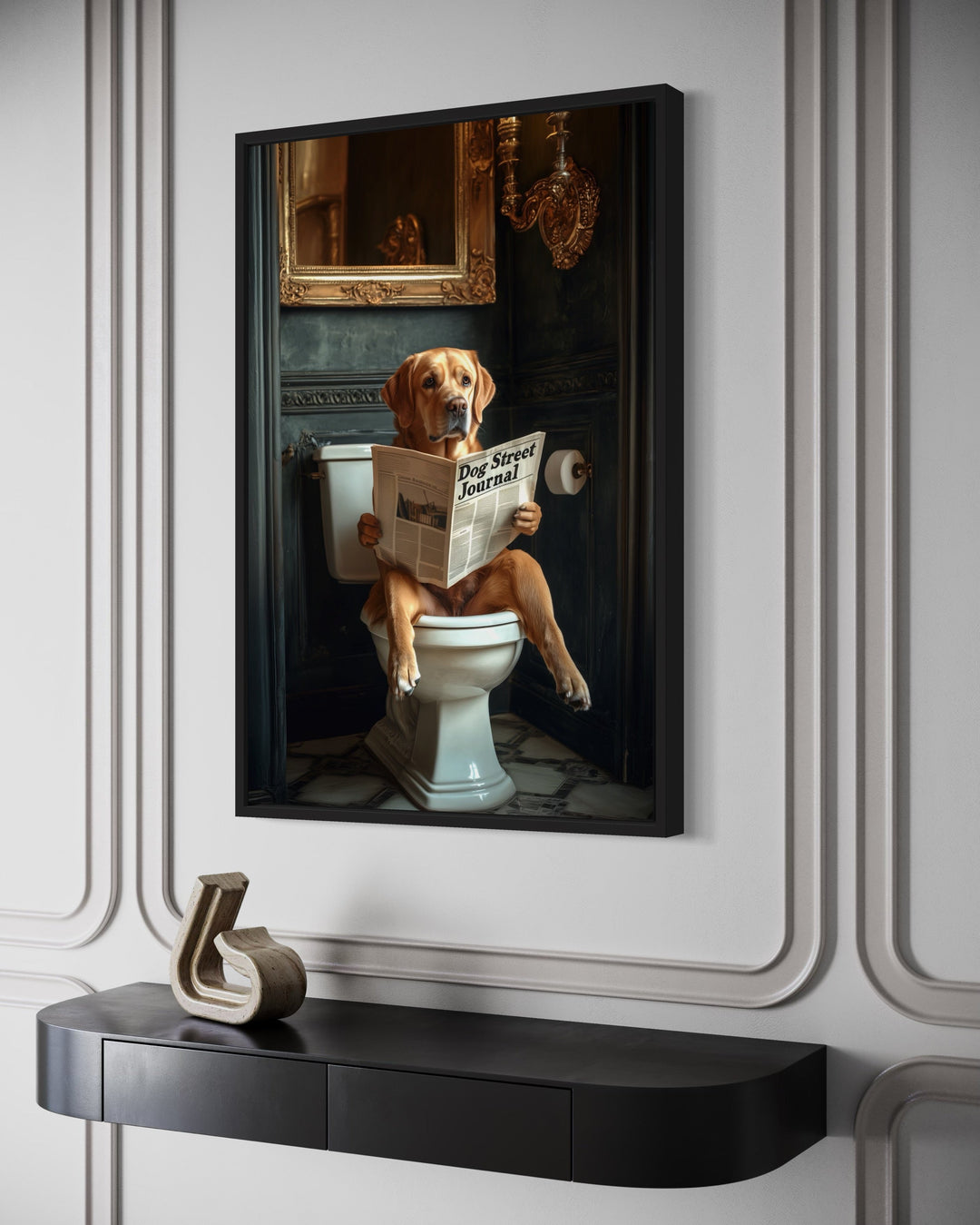 Yellow Labrador Retriever On Toilet Reading Newspaper Picture