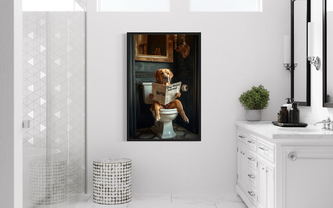 Yellow Labrador Retriever On Toilet Reading Newspaper Picture