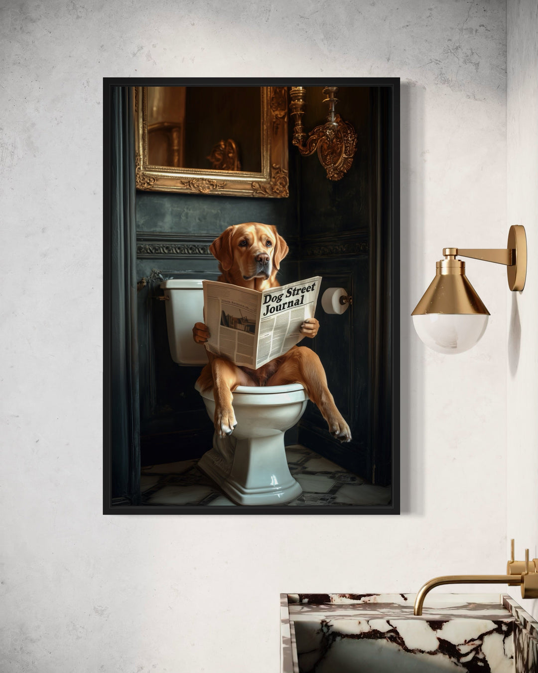 Yellow Labrador Retriever On Toilet Reading Newspaper Picture