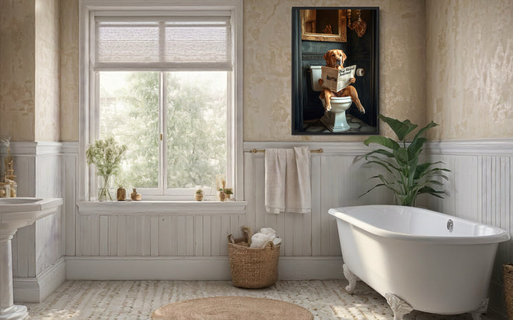 Yellow Labrador Retriever On Toilet Reading Newspaper Picture