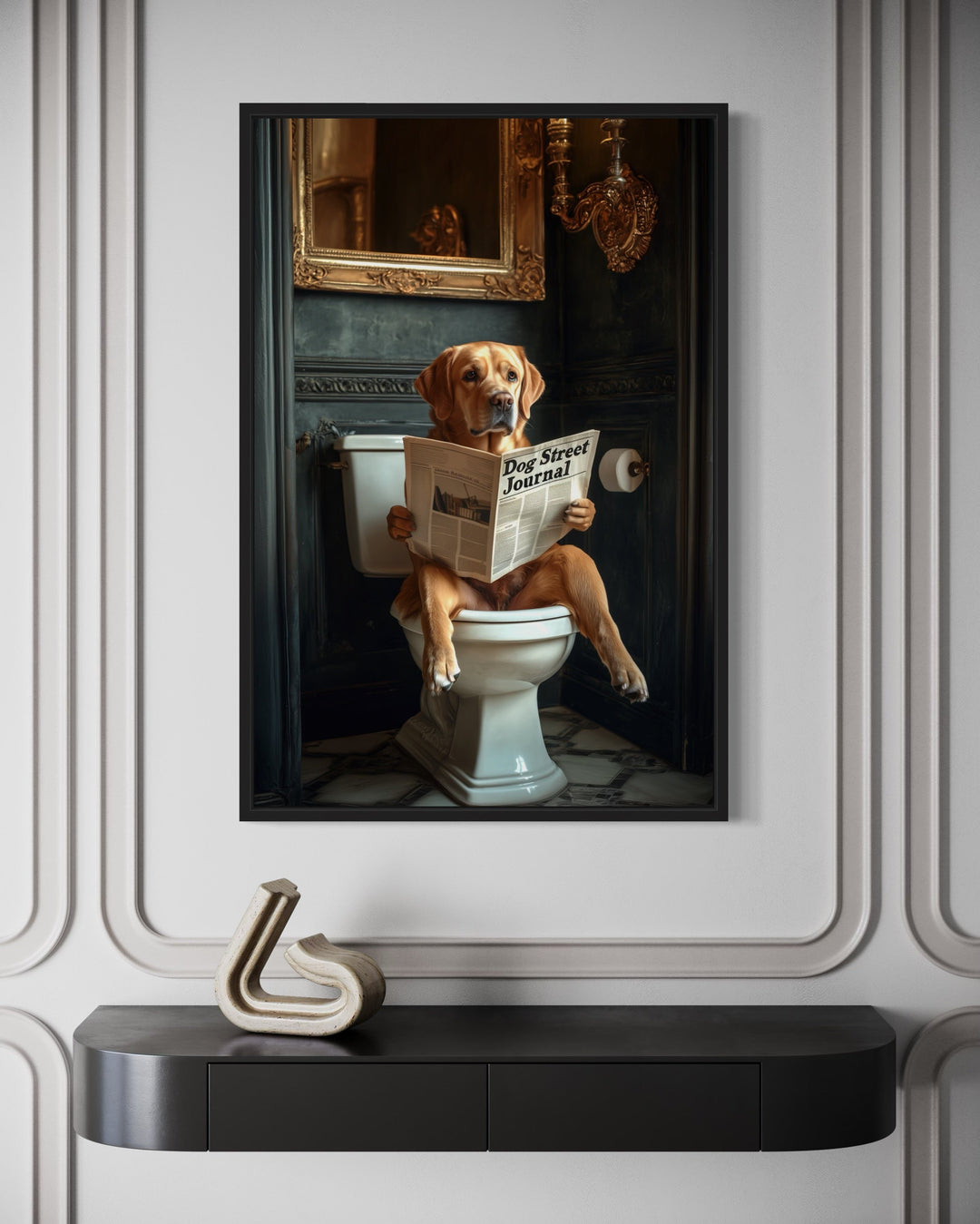 Yellow Labrador Retriever On Toilet Reading Newspaper Picture