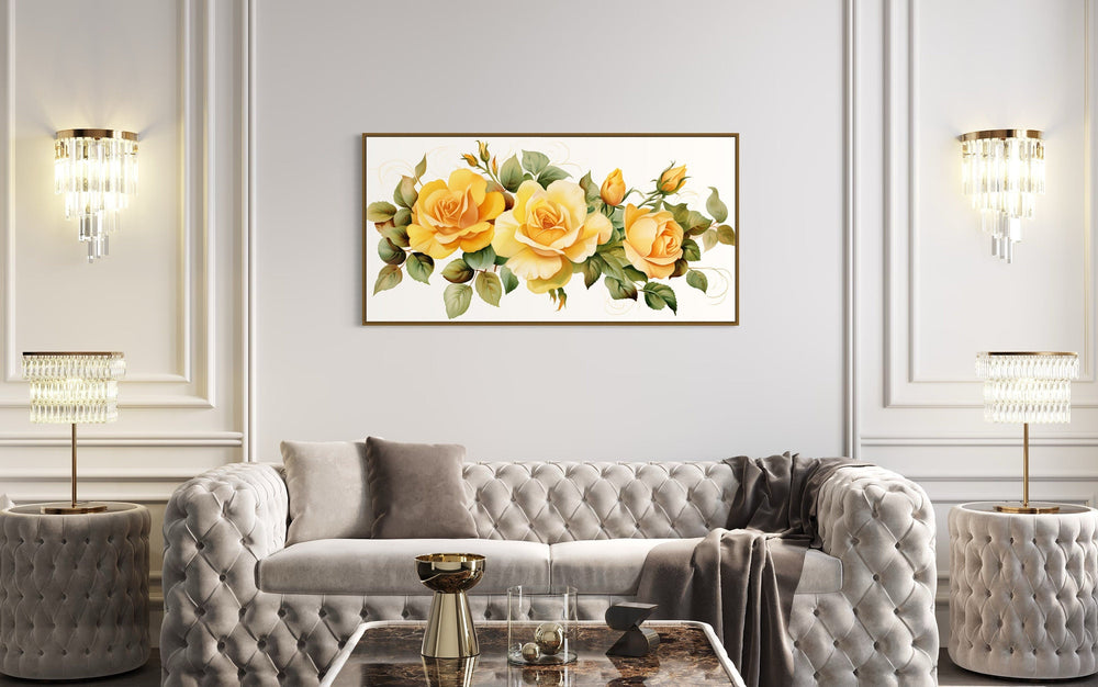 Yellow Roses of Texas Framed Canvas Wall Art above white couch