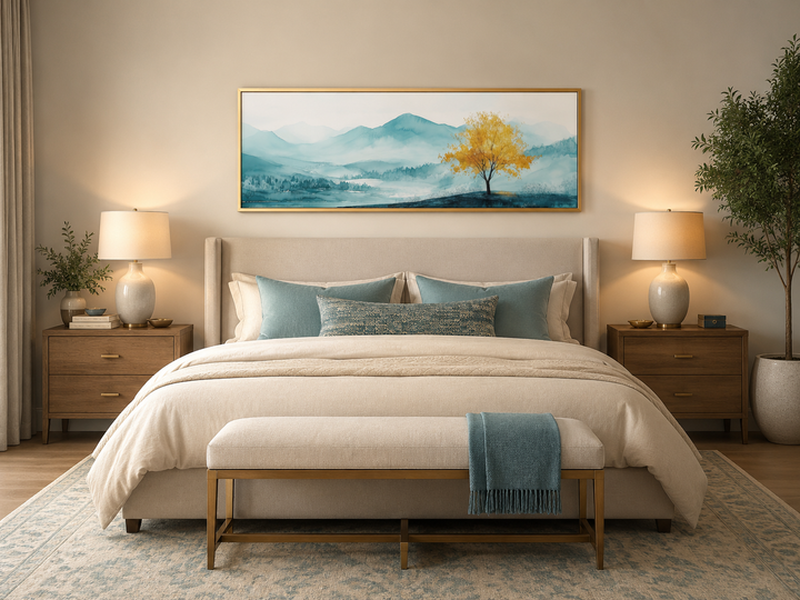 Long horizontal wall art of a golden tree on a teal mountain landscape above a bed.