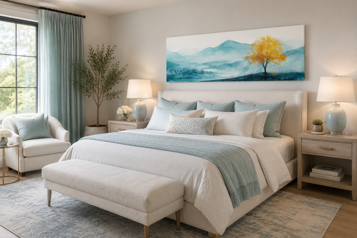 Yellow tree on teal landscape long horizontal above bed wall art in a serene bedroom setting.
