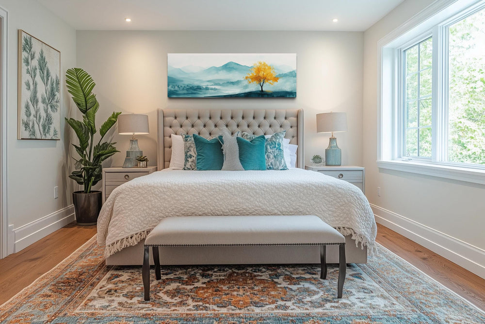 Yellow Tree On Teal Landscape Long Horizontal Above Bed Wall Art