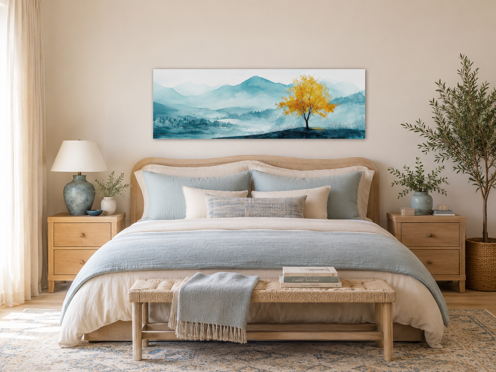 Yellow tree on teal landscape long horizontal wall art above a bed in a serene bedroom.